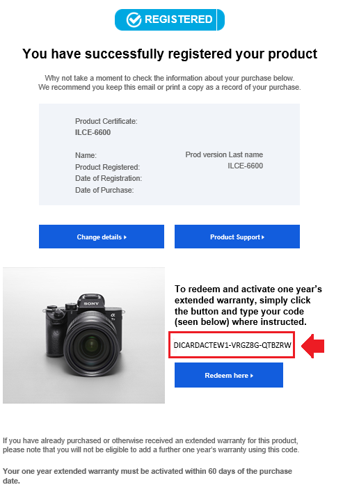 Mail zur Produktregistrierung mit Garantieverlängerung